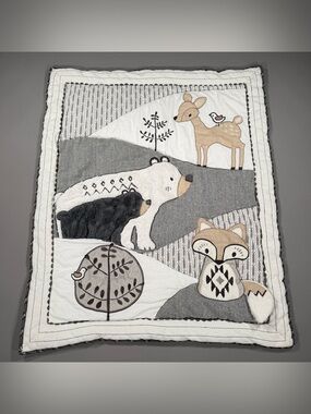 Levtex Baby Woodland Crib Quilt Blanket Bear Fox Deer Nursery Grey White 34x41
